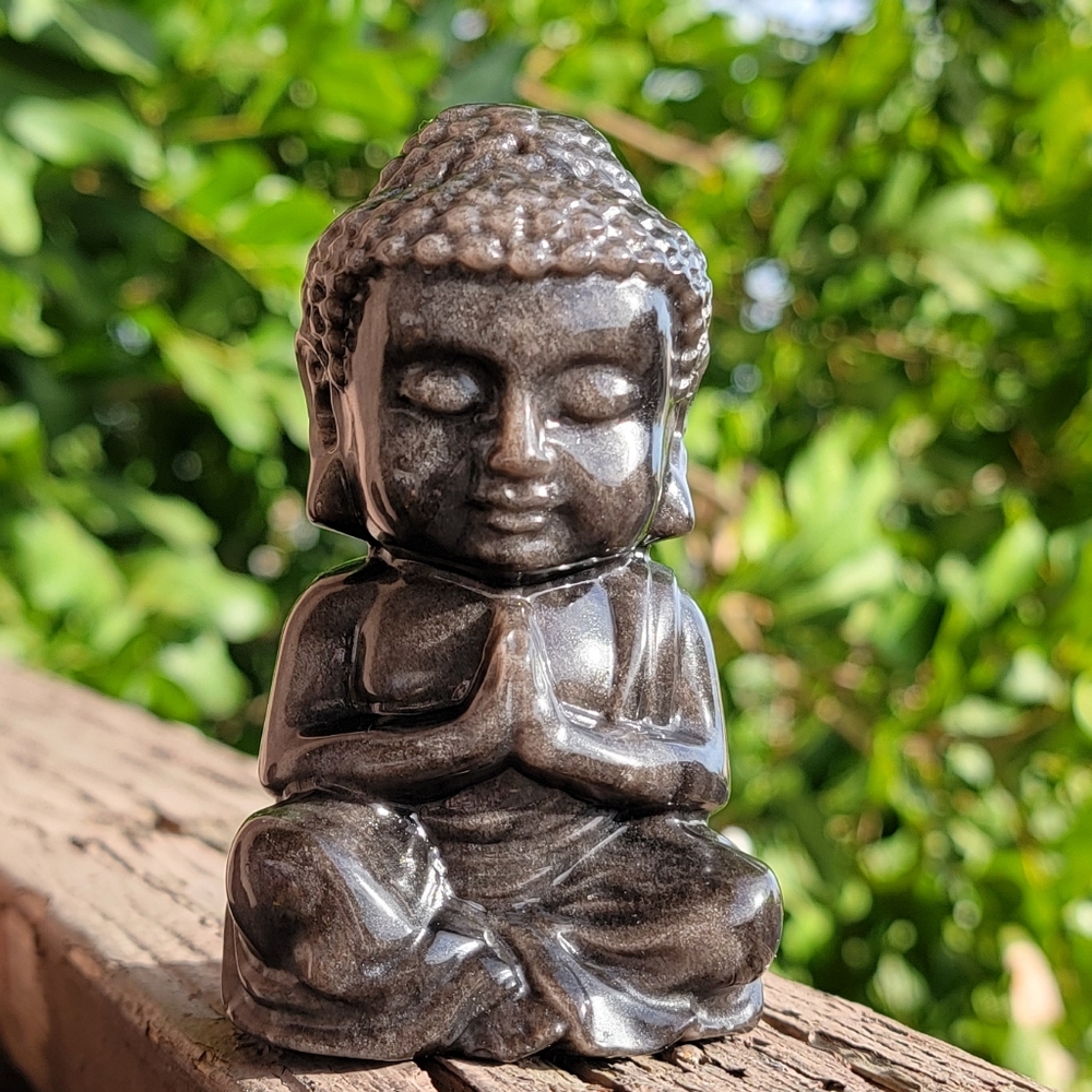 (A) NEW 3.95" SILVER SHEEN BLACK OBSIDIAN BUDDHA
